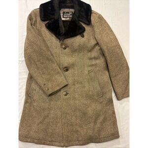 Vtg Sears Herringbone Wool Blend Coat Mens Large Faux Fur Collar Lined 60s 70s